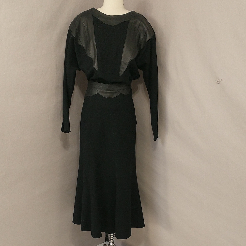 Vintage Wool & Leather Skirt Set 90s Feminine Flirty Black Maxi Mermaid SeeMeas